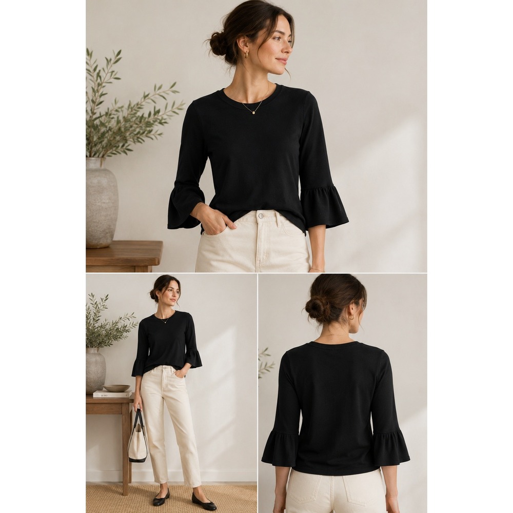 Amour Vert Bell Sleeve Top Black Womens XS French Girl Ruffle Cuff Minimalist